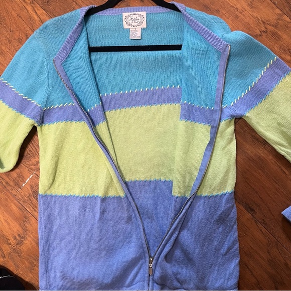 Stitches color block zip up knit sweater v neck long sleeve bright Sz small vntg - Picture 7 of 12